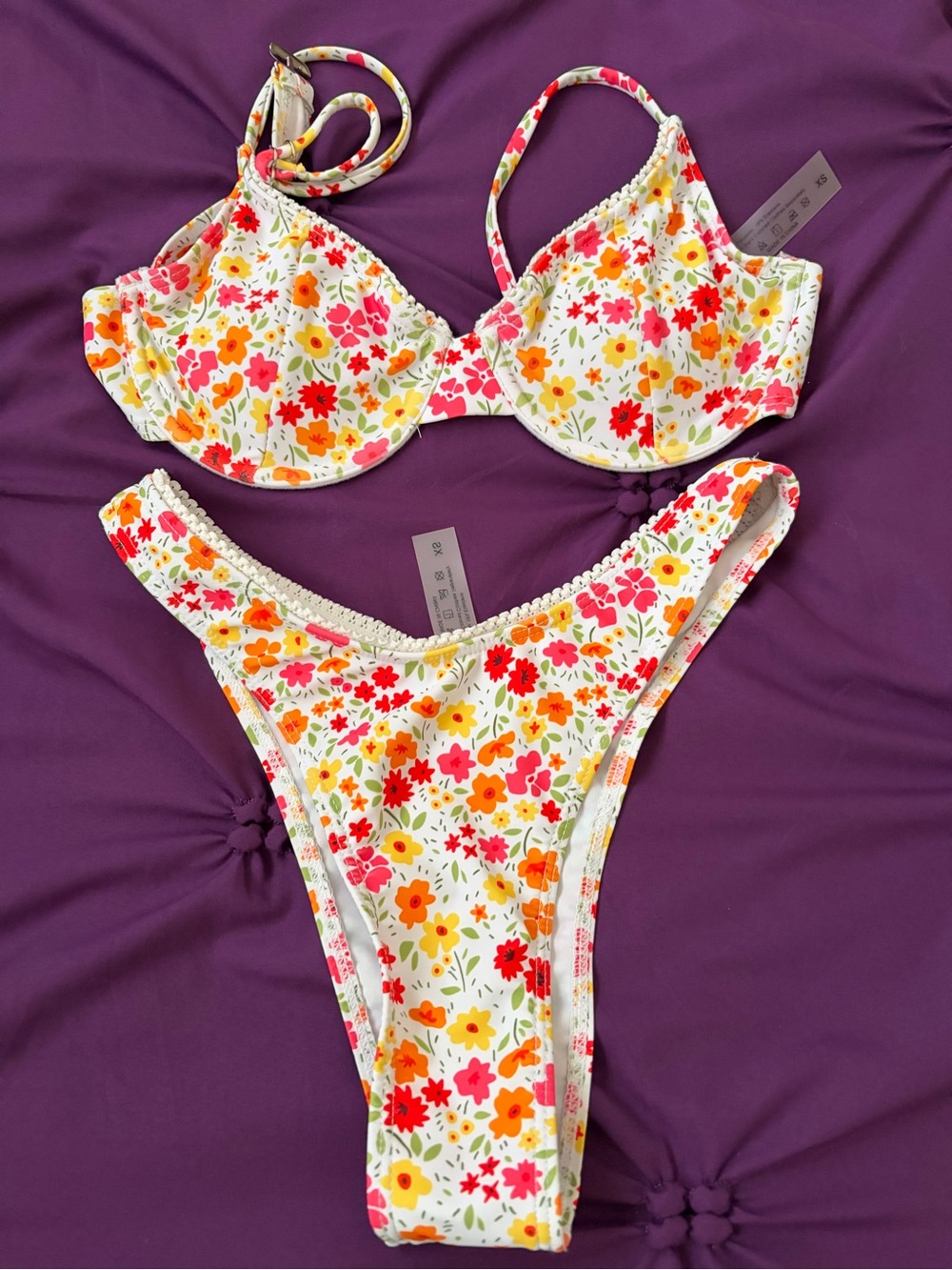 Amazon Floral Bikini Set - White with Pink, Orange & Yellow Flowers size XS